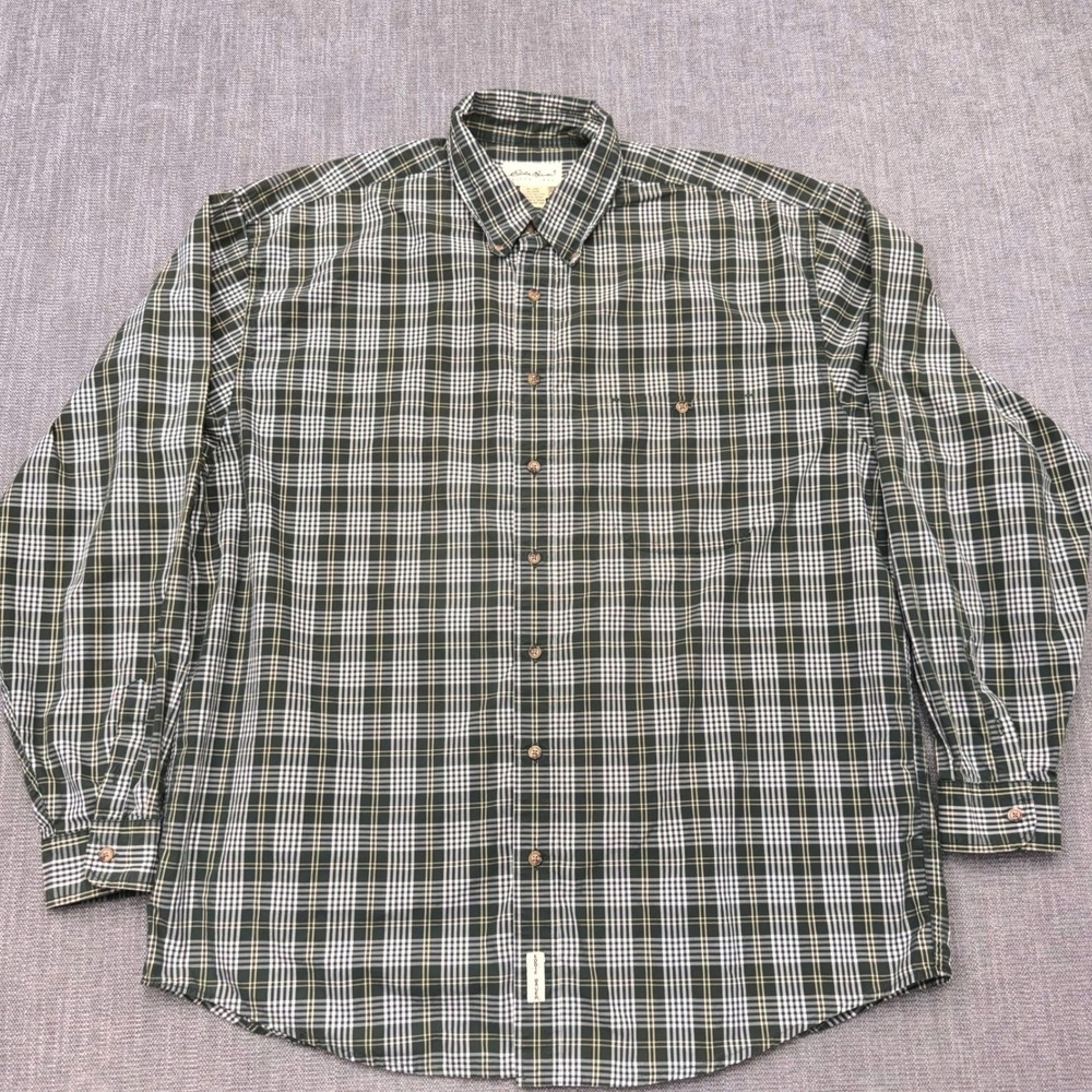 Eddie Bauer Mens XL Tall Green Plaid Button Down Shirt 100% Cotton Long Sleeve